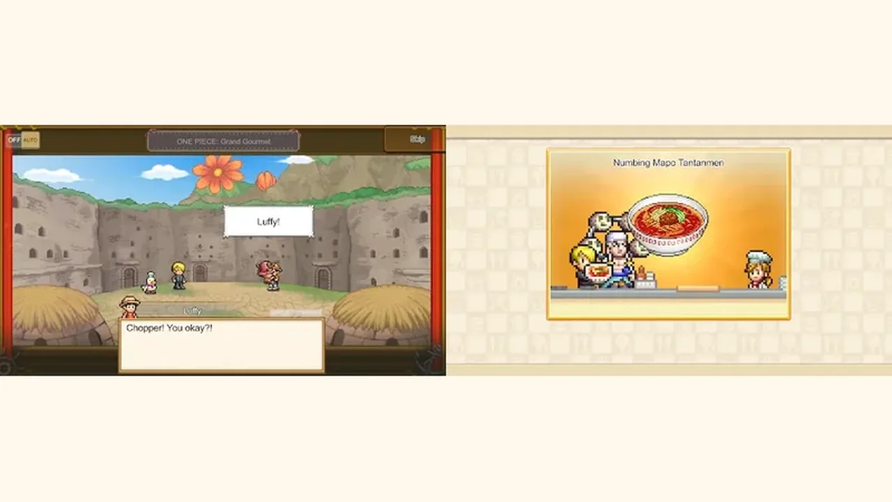Grand Gourmet story scene with characters travelling in a pixel art landscape