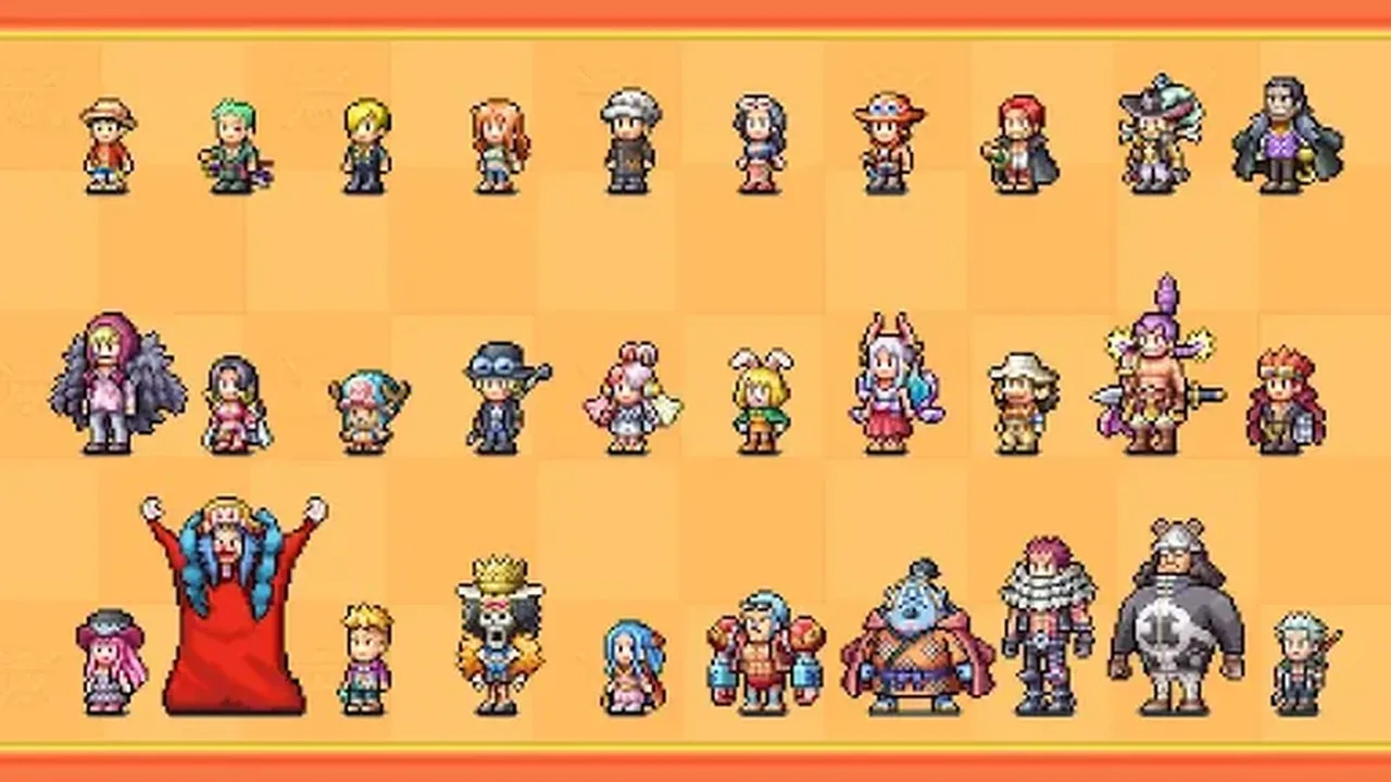 Grid of pixel art ONE PIECE characters who appear as staff and customers
