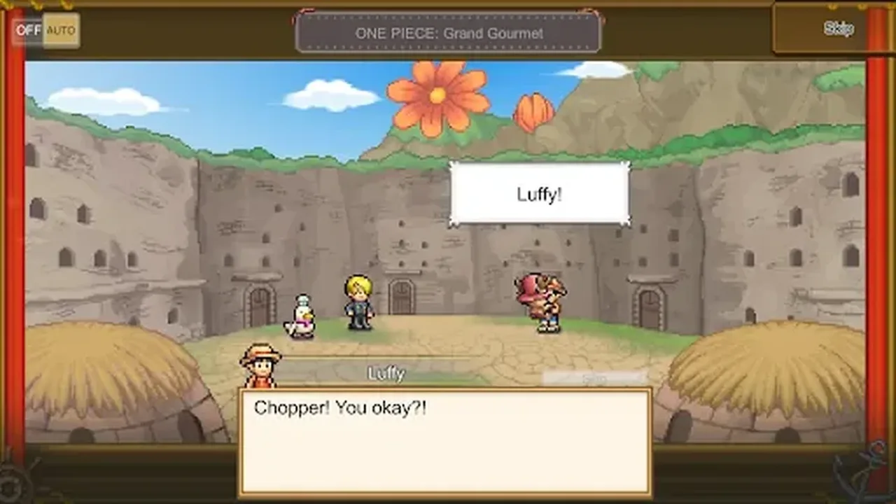 Grand Gourmet story scene with Luffy and Chopper talking in a pixel art landscape