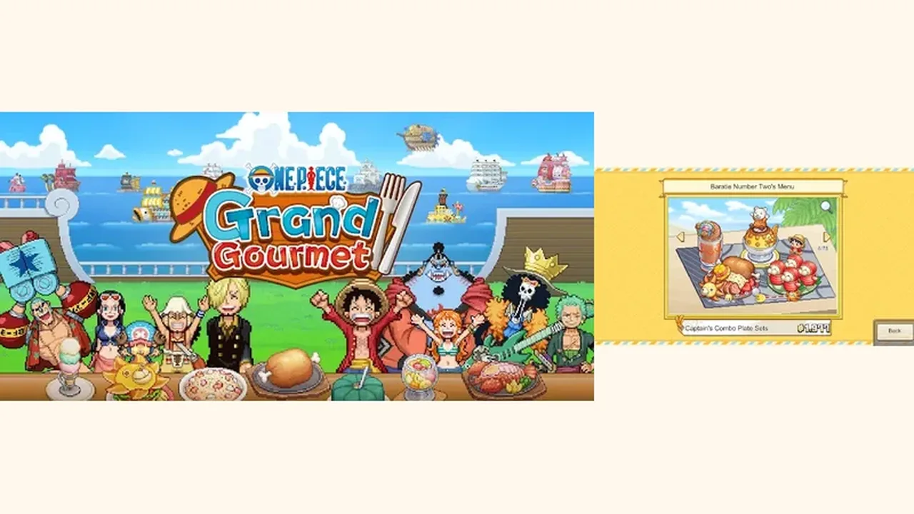 Baratie Number Two menu showing Captain Combo Plate Sets with pixel art dishes