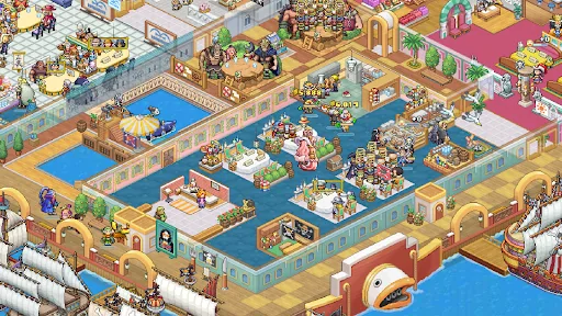 Grand Gourmet restaurant interior with tables, guests and staff in pixel art