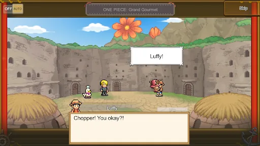 Grand Gourmet story scene with Luffy and Chopper talking in a pixel art landscape